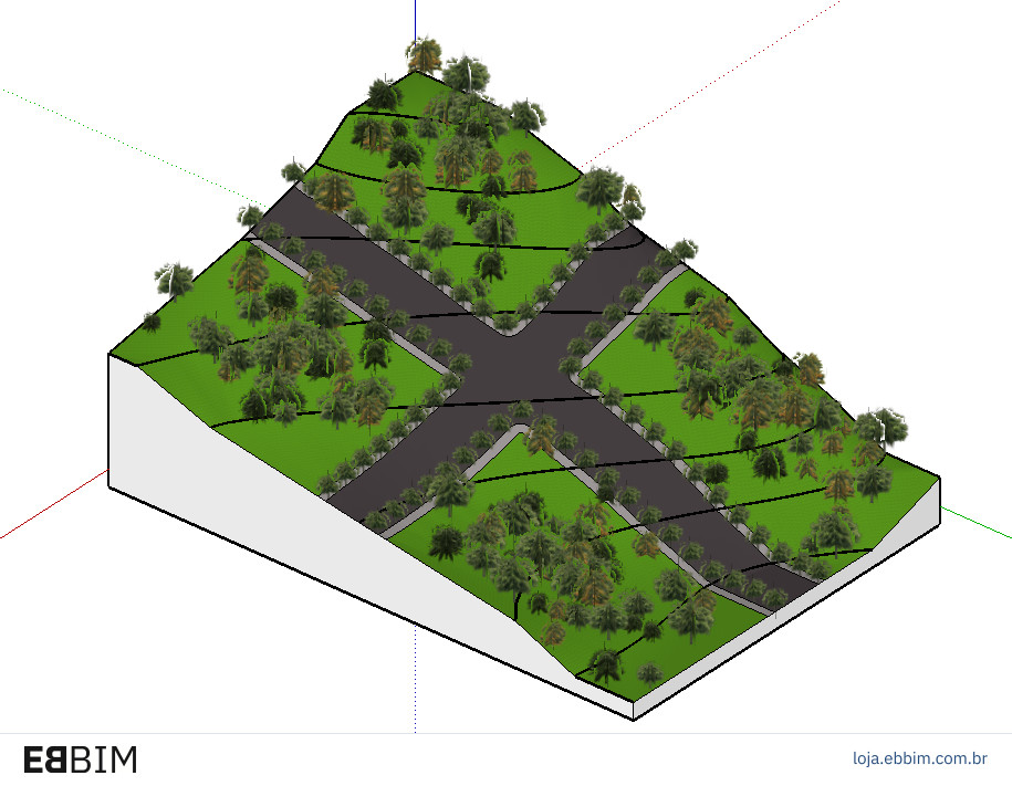 Modelagem de terreno, vias e vegetação.